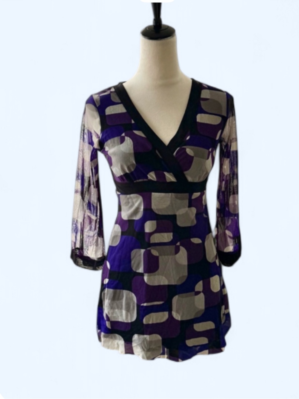 Vintage y2k Geometric Print V Neck Mesh Mini Dress